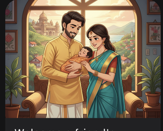 An illustrated ShareGreet story: a family welcoming a newborn